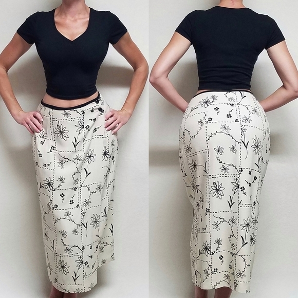 Vintage Dresses & Skirts - Vintage Studio C Beige Black Patchwork Floral High Rise Midi Wrap Skirt 12